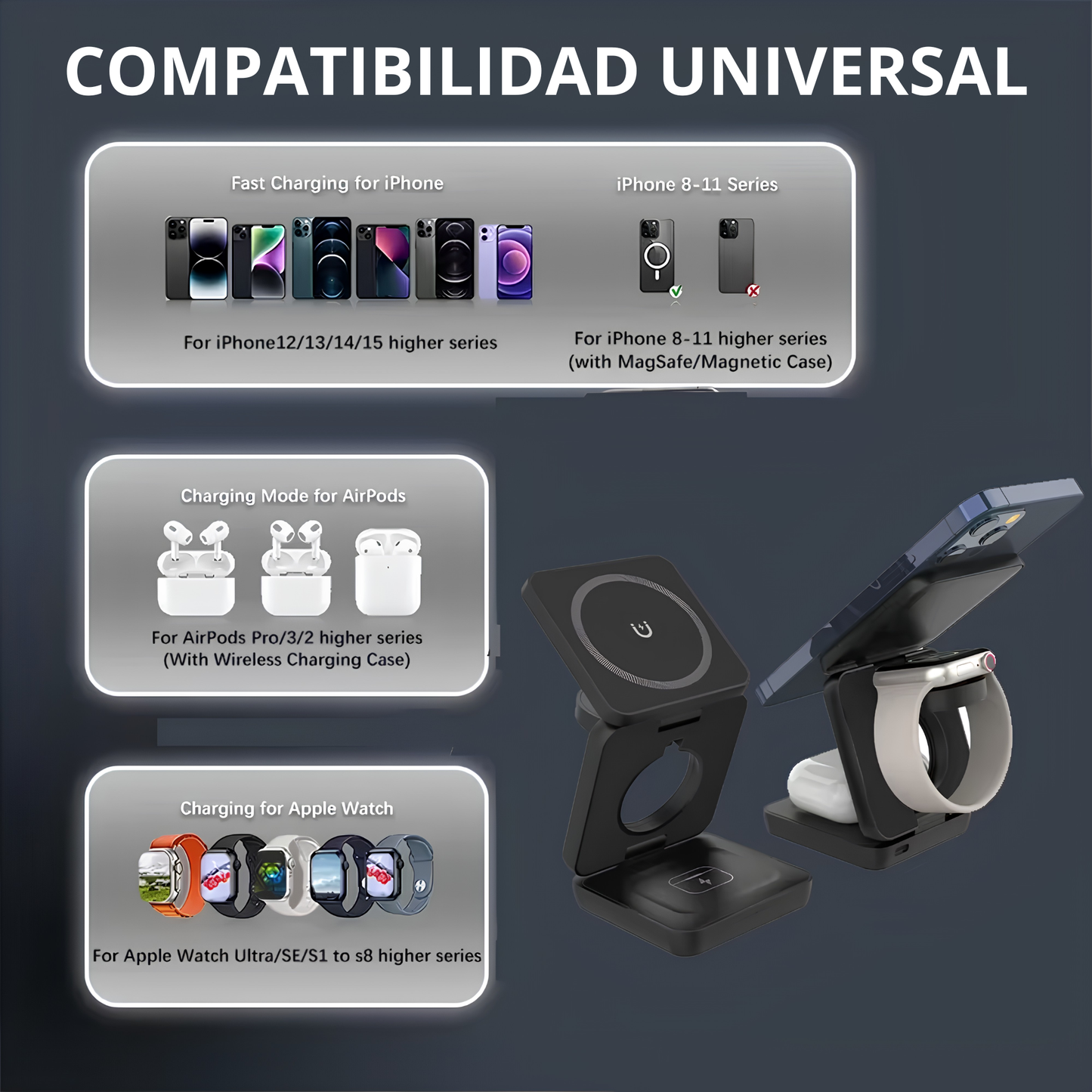 Estación de Carga Magnética 3 en 1 – iPhone, Apple Watch y AirPods